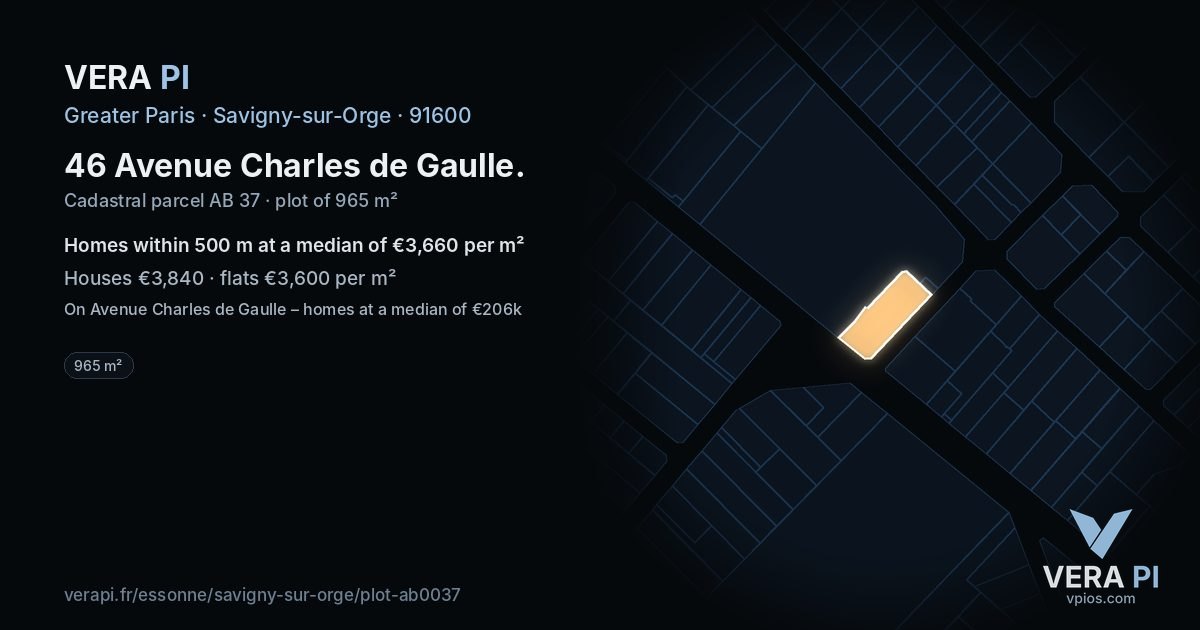 46 Avenue Charles de Gaulle, Savigny-sur-Orge at night – the plot lit, the parcels around coloured by the prices near them