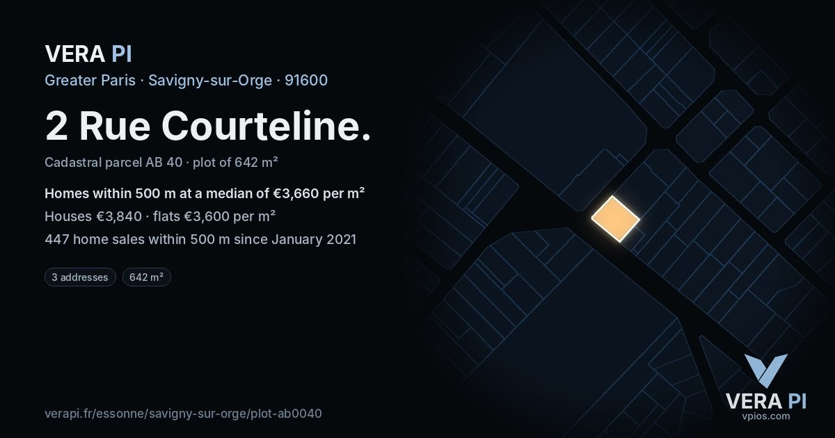 2 Rue Courteline, Savigny-sur-Orge at night – the plot lit, the parcels around coloured by the prices near them
