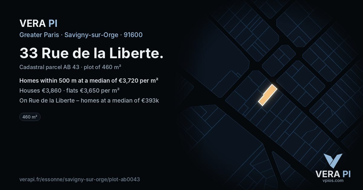 33 Rue de la Liberte, Savigny-sur-Orge at night – the plot lit, the parcels around coloured by the prices near them