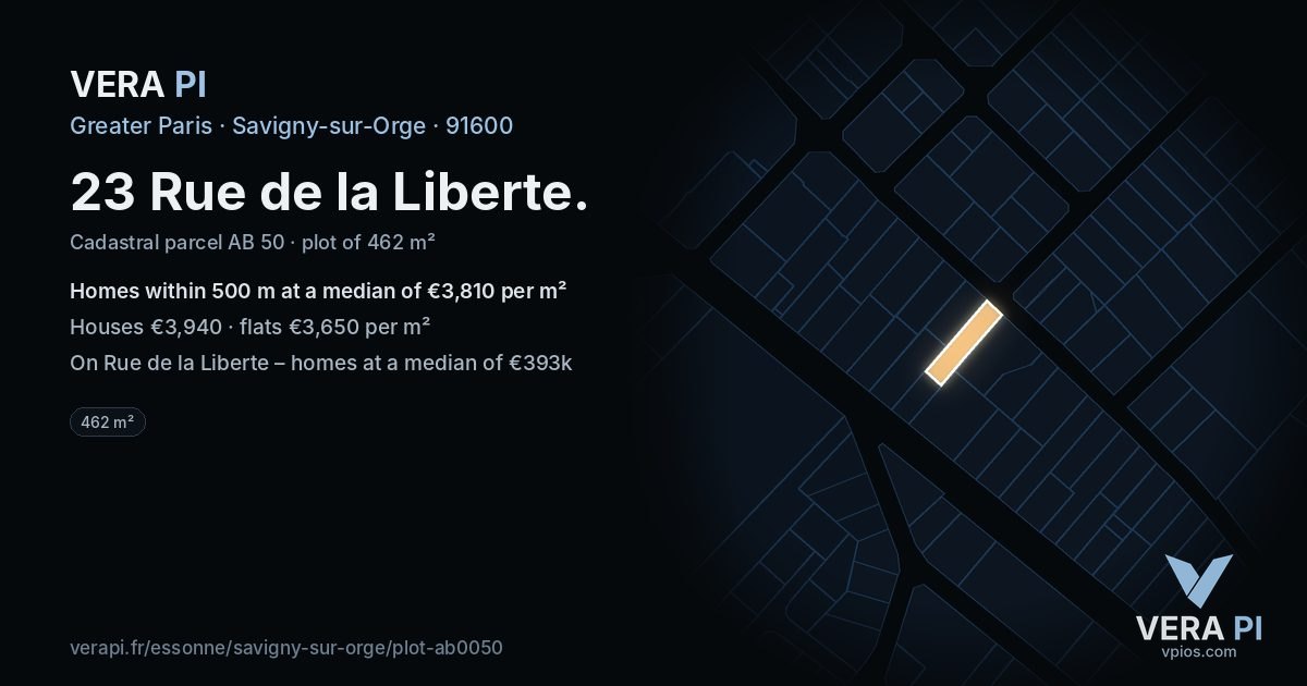 23 Rue de la Liberte, Savigny-sur-Orge at night – the plot lit, the parcels around coloured by the prices near them