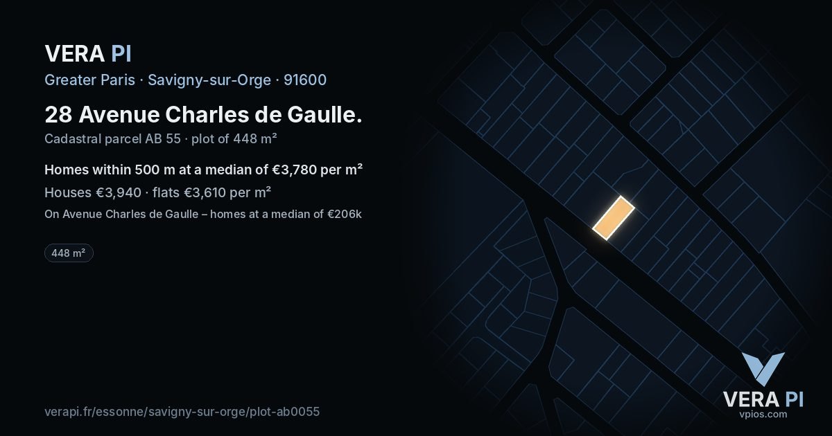 28 Avenue Charles de Gaulle, Savigny-sur-Orge at night – the plot lit, the parcels around coloured by the prices near them