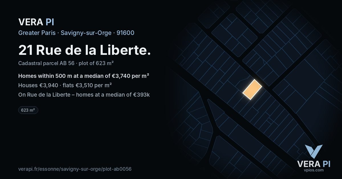 21 Rue de la Liberte, Savigny-sur-Orge at night – the plot lit, the parcels around coloured by the prices near them