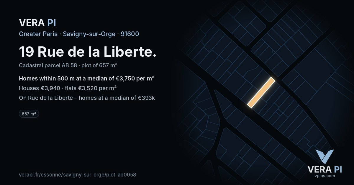 19 Rue de la Liberte, Savigny-sur-Orge at night – the plot lit, the parcels around coloured by the prices near them