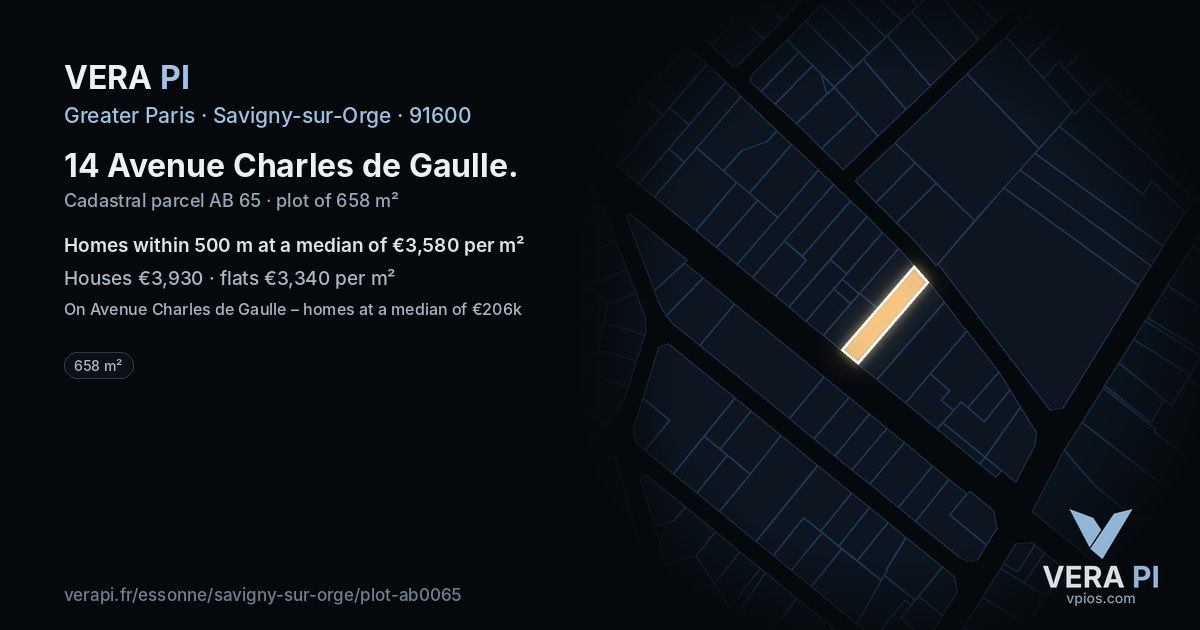 14 Avenue Charles de Gaulle, Savigny-sur-Orge at night – the plot lit, the parcels around coloured by the prices near them
