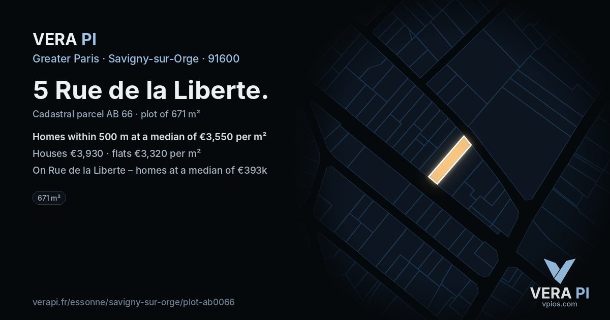 5 Rue de la Liberte, Savigny-sur-Orge at night – the plot lit, the parcels around coloured by the prices near them