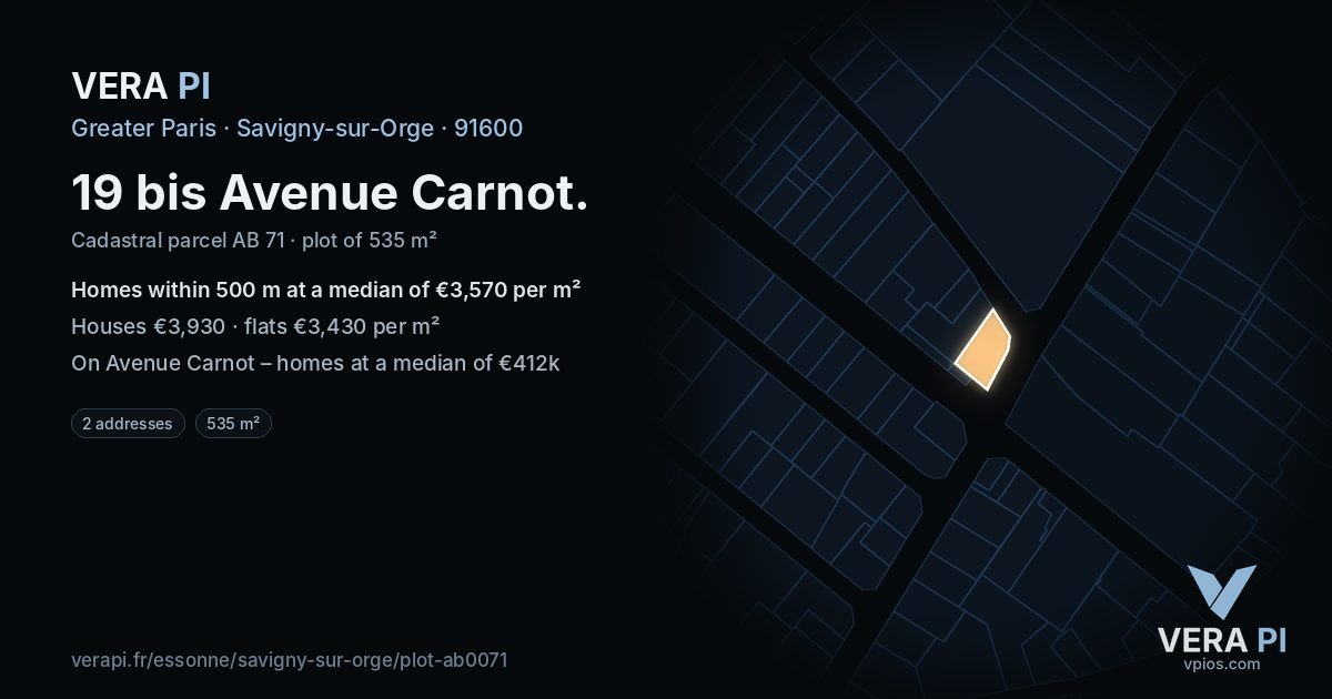 19 bis Avenue Carnot, Savigny-sur-Orge at night – the plot lit, the parcels around coloured by the prices near them