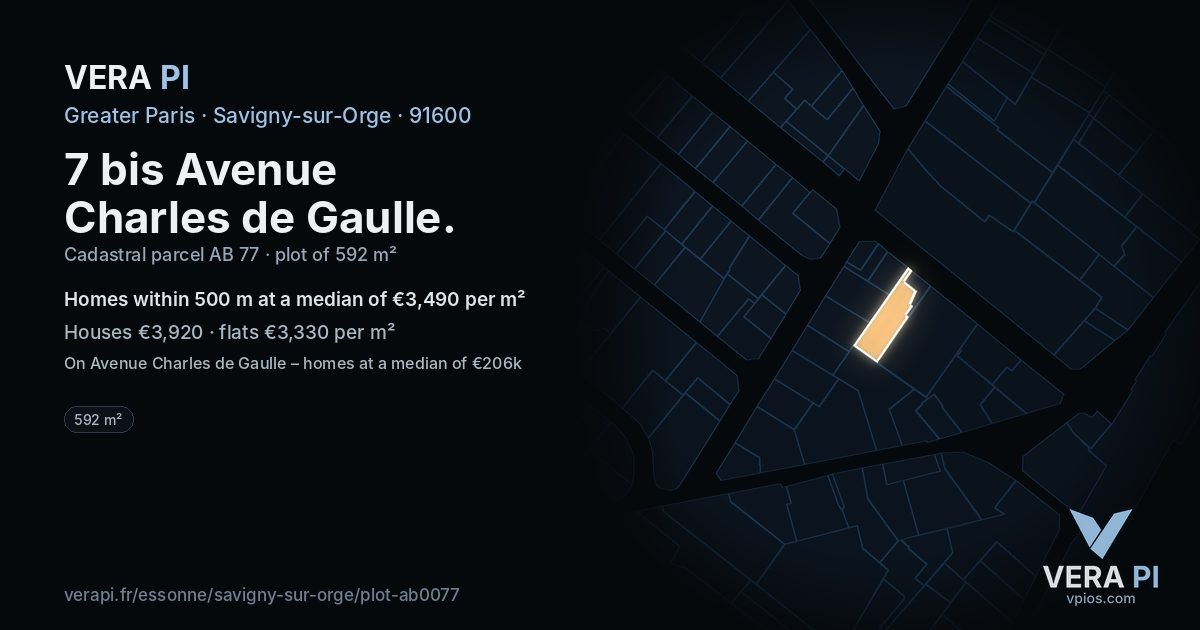 7 bis Avenue Charles de Gaulle, Savigny-sur-Orge at night – the plot lit, the parcels around coloured by the prices near them