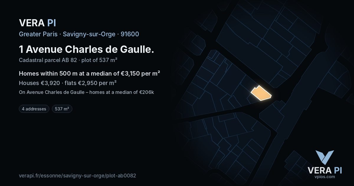 1 Avenue Charles de Gaulle, Savigny-sur-Orge at night – the plot lit, the parcels around coloured by the prices near them