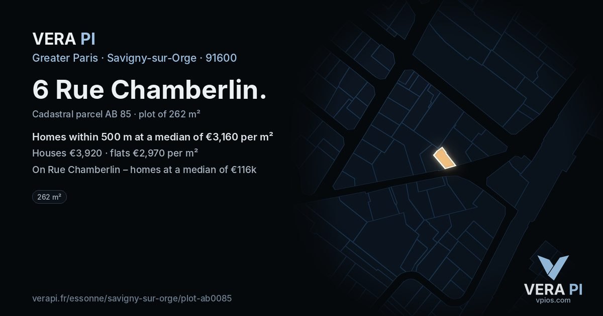 6 Rue Chamberlin, Savigny-sur-Orge at night – the plot lit, the parcels around coloured by the prices near them