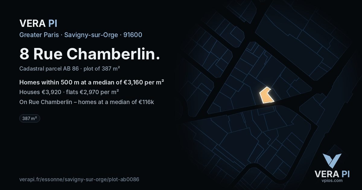 8 Rue Chamberlin, Savigny-sur-Orge at night – the plot lit, the parcels around coloured by the prices near them