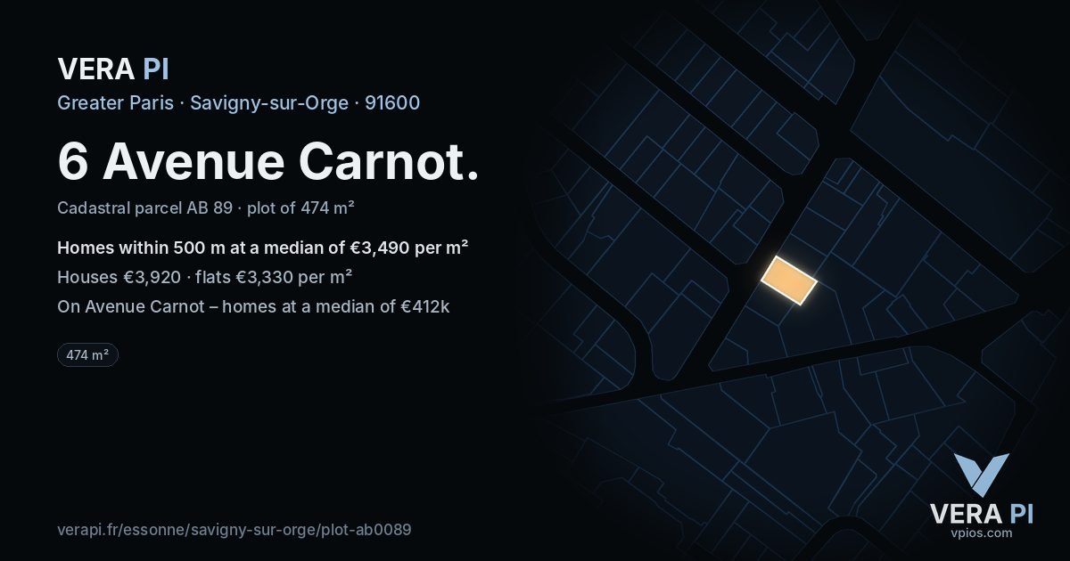 6 Avenue Carnot, Savigny-sur-Orge at night – the plot lit, the parcels around coloured by the prices near them