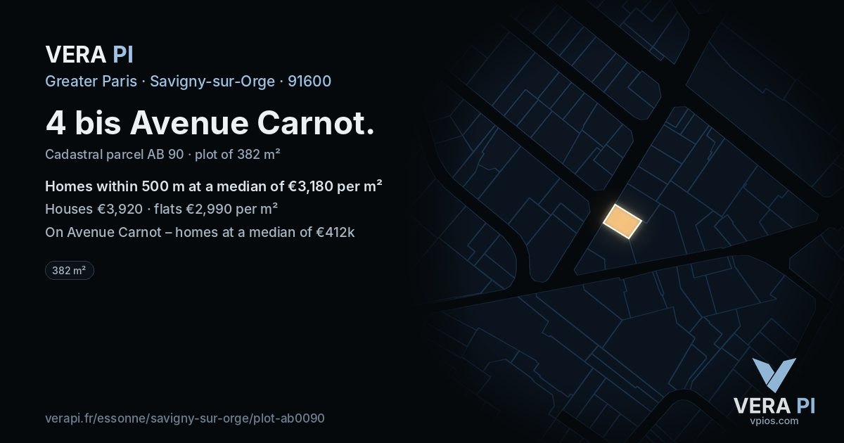 4 bis Avenue Carnot, Savigny-sur-Orge at night – the plot lit, the parcels around coloured by the prices near them