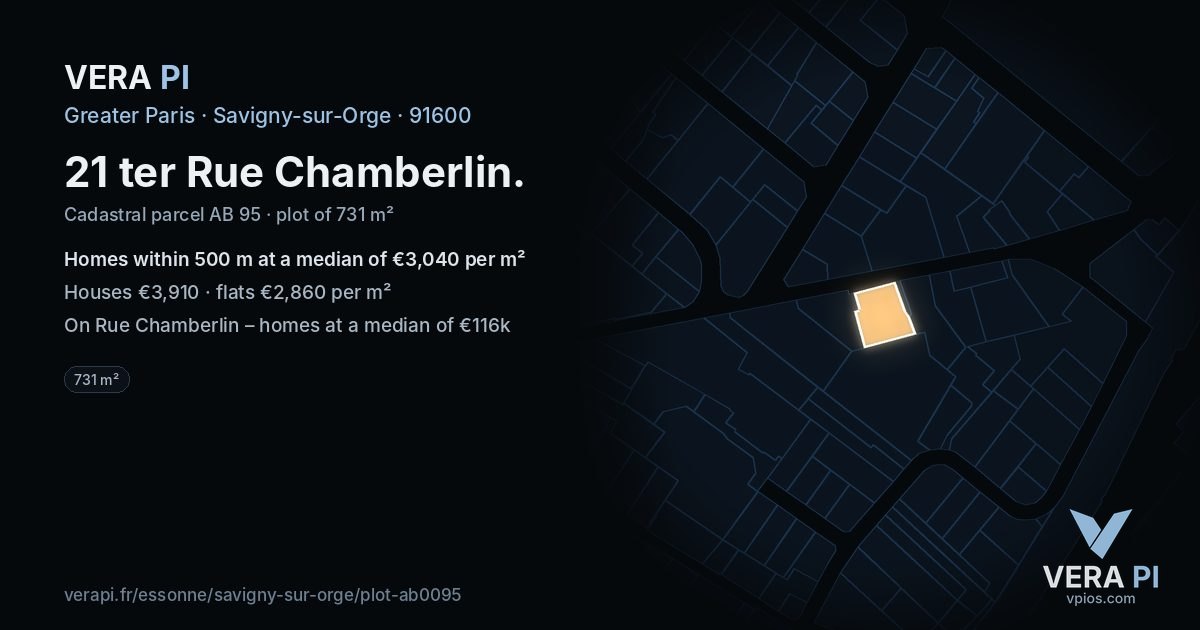 21 ter Rue Chamberlin, Savigny-sur-Orge at night – the plot lit, the parcels around coloured by the prices near them