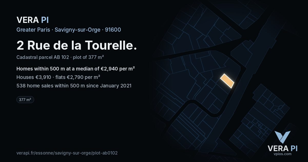 2 Rue de la Tourelle, Savigny-sur-Orge at night – the plot lit, the parcels around coloured by the prices near them