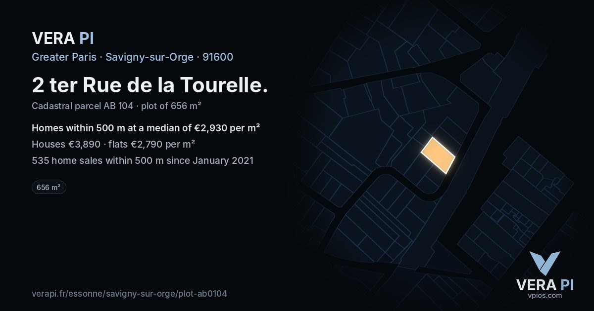 2 ter Rue de la Tourelle, Savigny-sur-Orge at night – the plot lit, the parcels around coloured by the prices near them