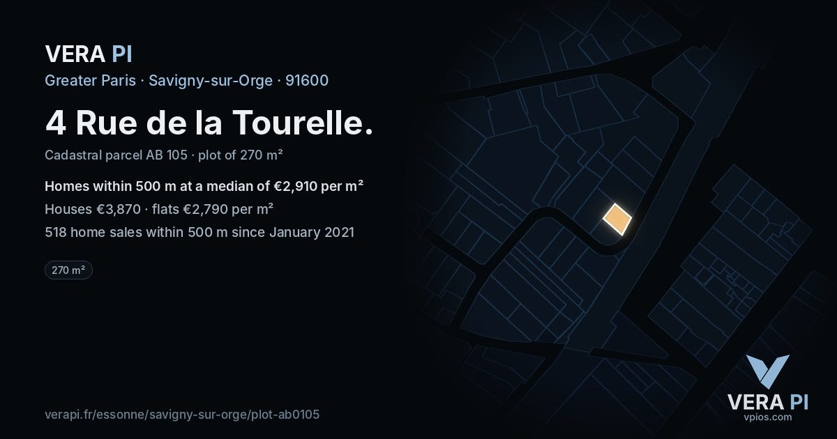 4 Rue de la Tourelle, Savigny-sur-Orge at night – the plot lit, the parcels around coloured by the prices near them