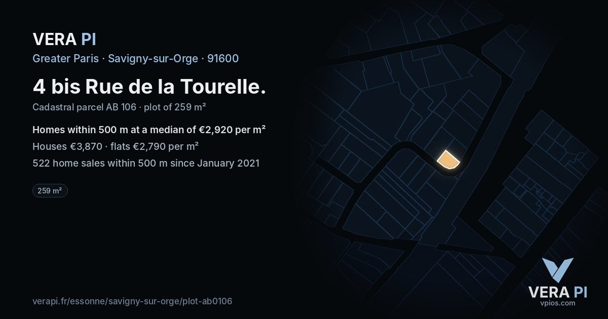 4 bis Rue de la Tourelle, Savigny-sur-Orge at night – the plot lit, the parcels around coloured by the prices near them