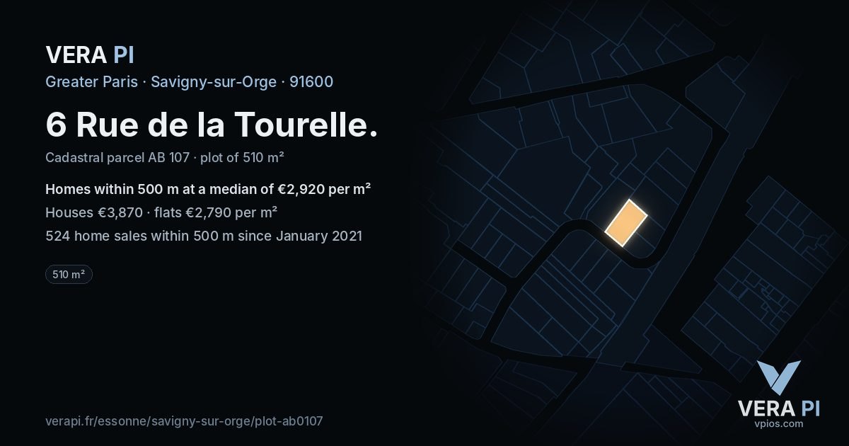 6 Rue de la Tourelle, Savigny-sur-Orge at night – the plot lit, the parcels around coloured by the prices near them