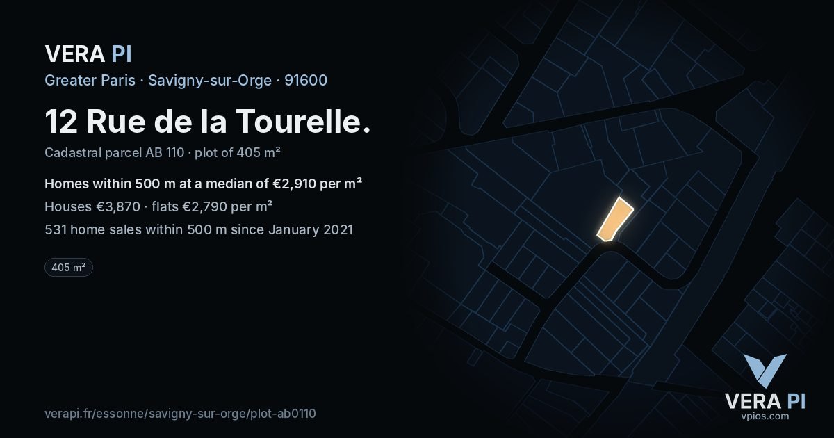 12 Rue de la Tourelle, Savigny-sur-Orge at night – the plot lit, the parcels around coloured by the prices near them