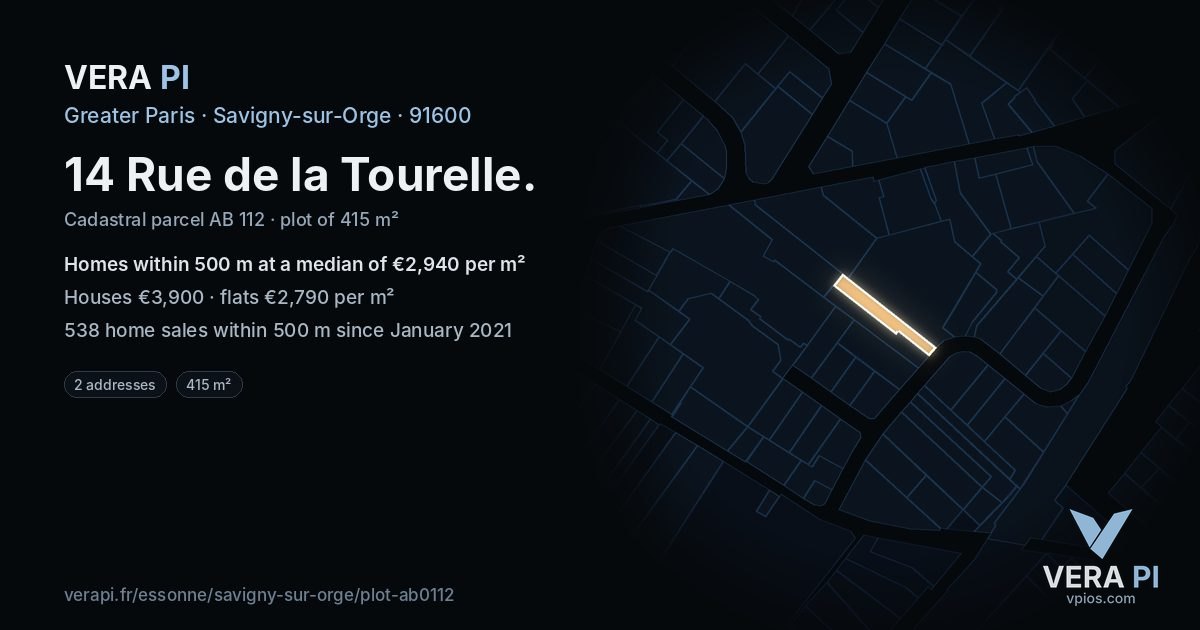14 Rue de la Tourelle, Savigny-sur-Orge at night – the plot lit, the parcels around coloured by the prices near them