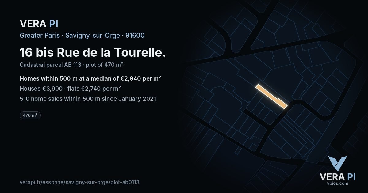 16 bis Rue de la Tourelle, Savigny-sur-Orge at night – the plot lit, the parcels around coloured by the prices near them