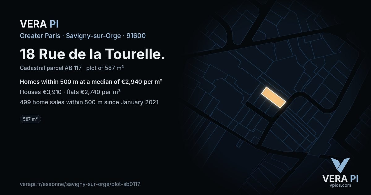 18 Rue de la Tourelle, Savigny-sur-Orge at night – the plot lit, the parcels around coloured by the prices near them