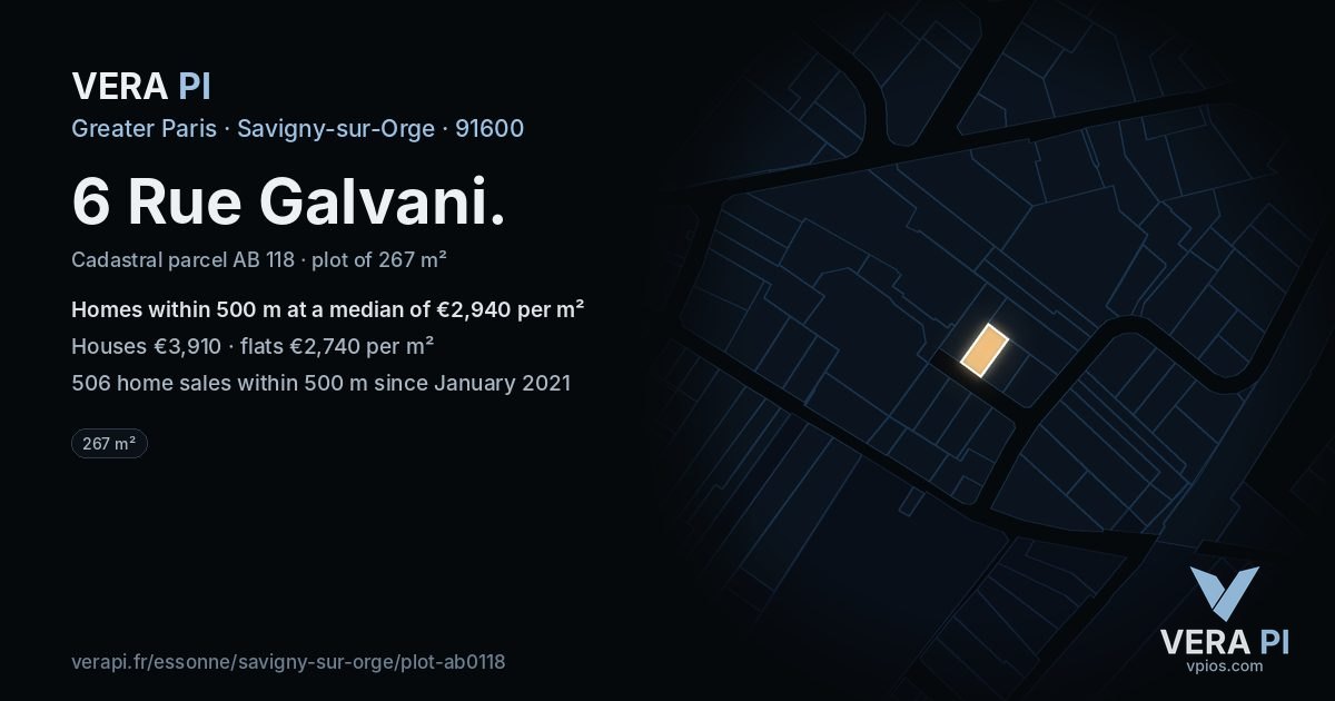 6 Rue Galvani, Savigny-sur-Orge at night – the plot lit, the parcels around coloured by the prices near them