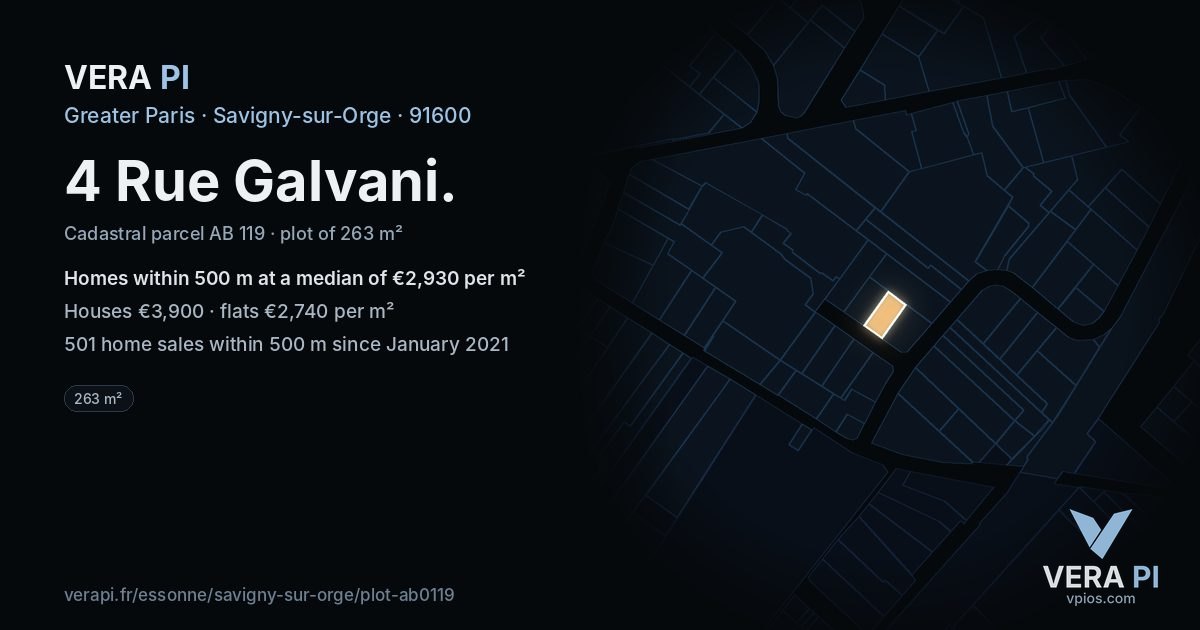 4 Rue Galvani, Savigny-sur-Orge at night – the plot lit, the parcels around coloured by the prices near them