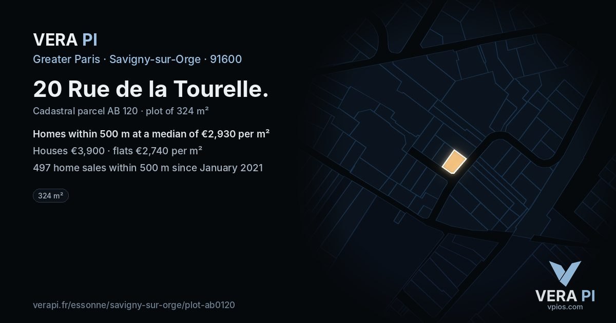 20 Rue de la Tourelle, Savigny-sur-Orge at night – the plot lit, the parcels around coloured by the prices near them