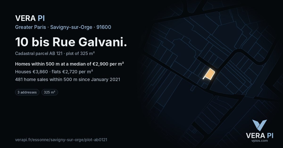 10 bis Rue Galvani, Savigny-sur-Orge at night – the plot lit, the parcels around coloured by the prices near them