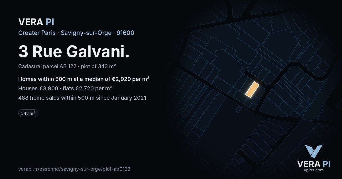 3 Rue Galvani, Savigny-sur-Orge at night – the plot lit, the parcels around coloured by the prices near them