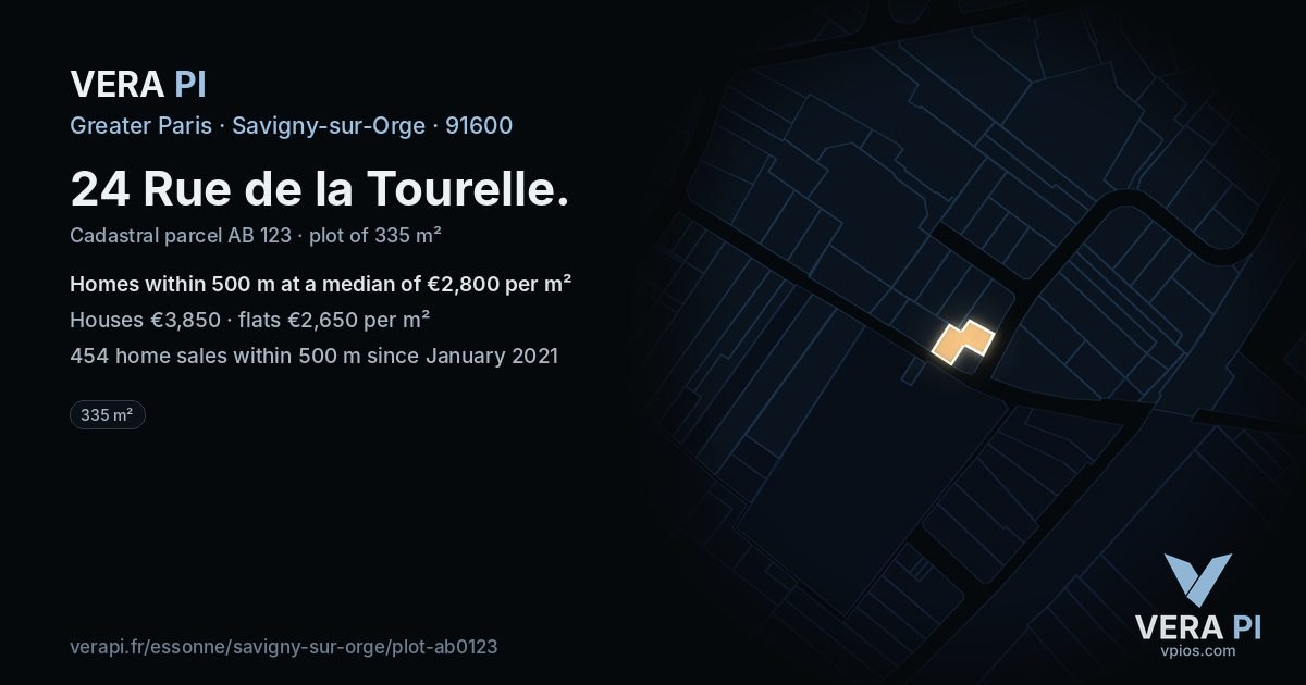 24 Rue de la Tourelle, Savigny-sur-Orge at night – the plot lit, the parcels around coloured by the prices near them