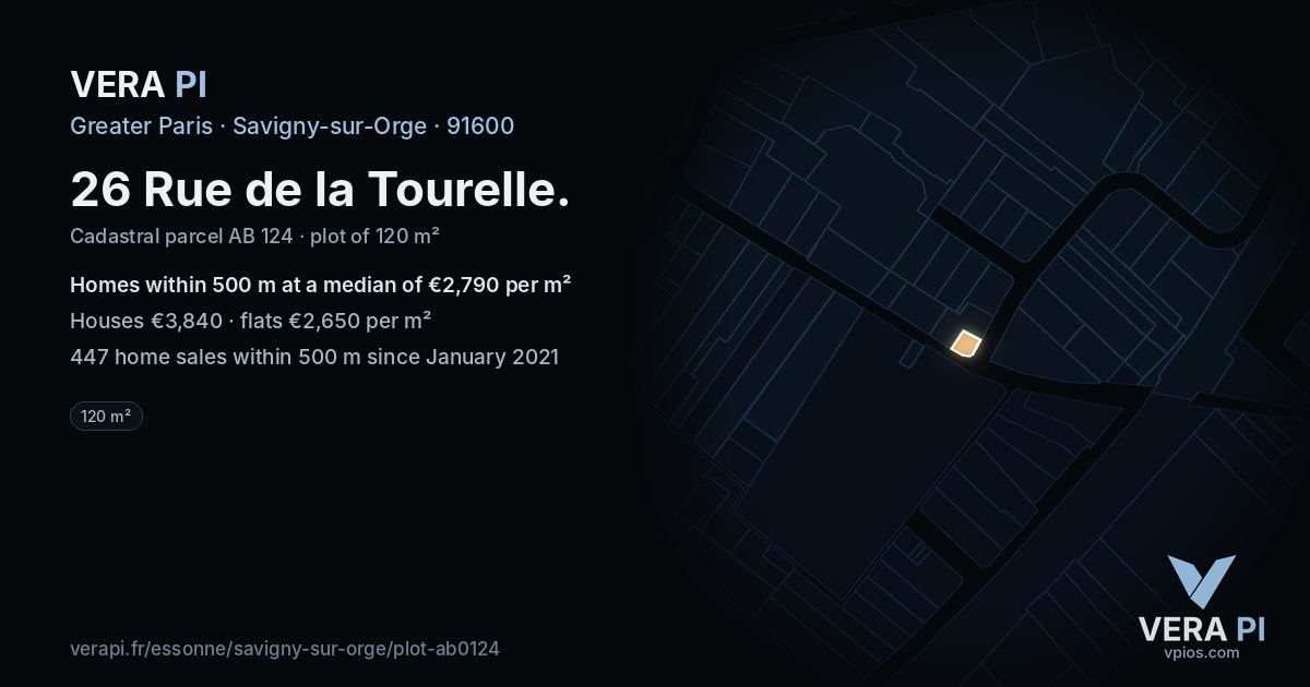 26 Rue de la Tourelle, Savigny-sur-Orge at night – the plot lit, the parcels around coloured by the prices near them