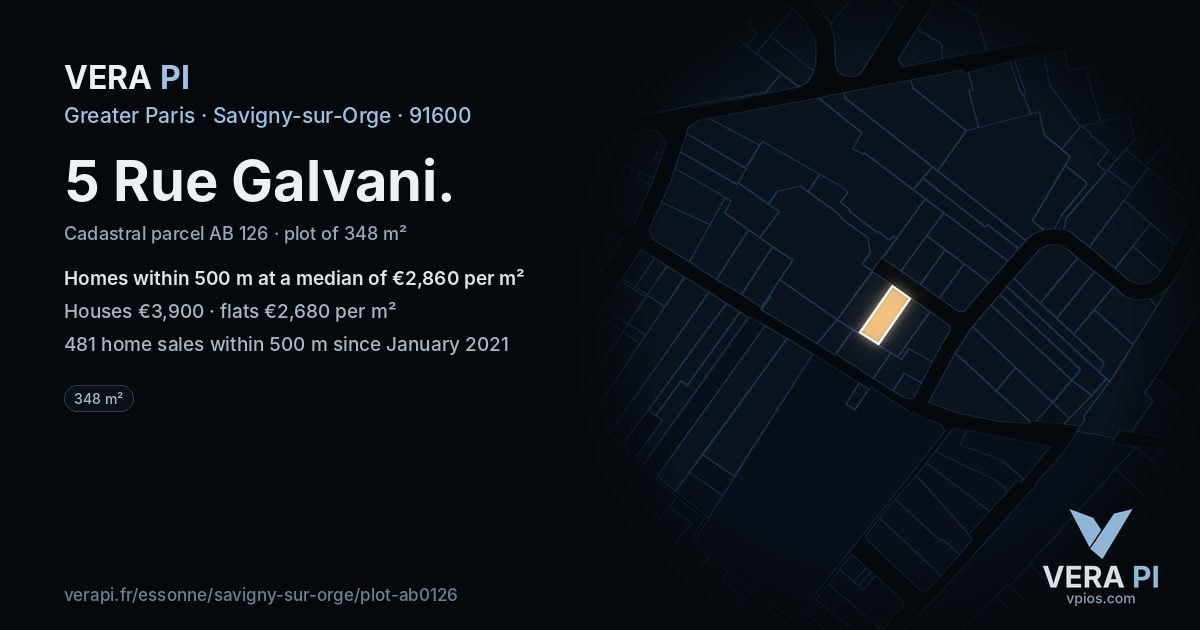 5 Rue Galvani, Savigny-sur-Orge at night – the plot lit, the parcels around coloured by the prices near them