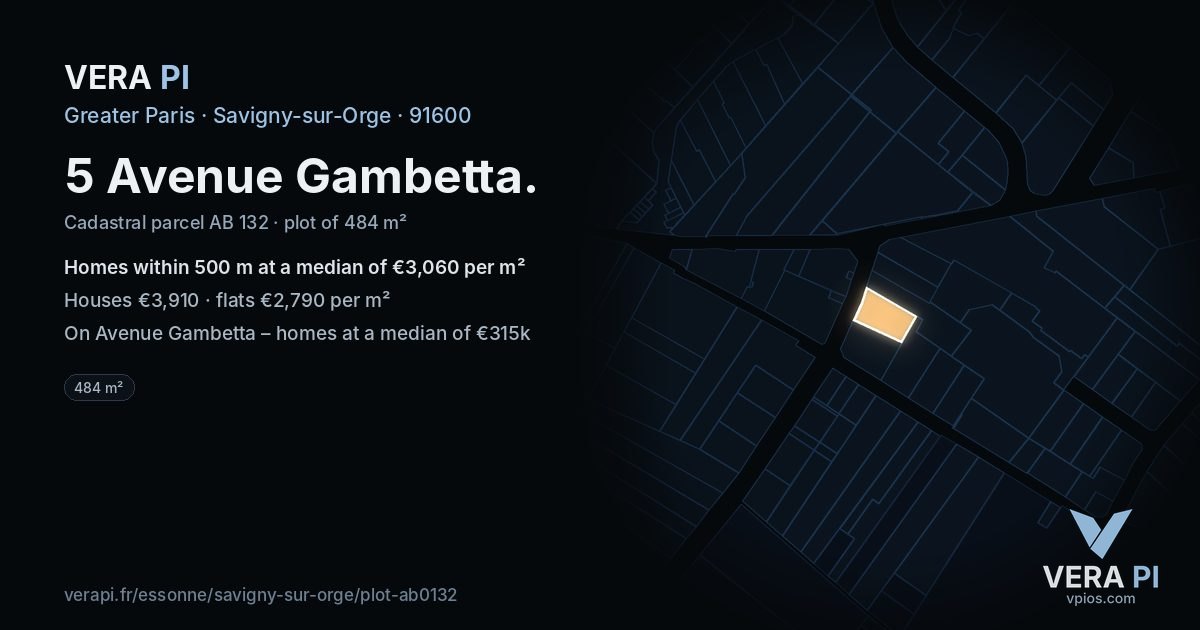 5 Avenue Gambetta, Savigny-sur-Orge at night – the plot lit, the parcels around coloured by the prices near them