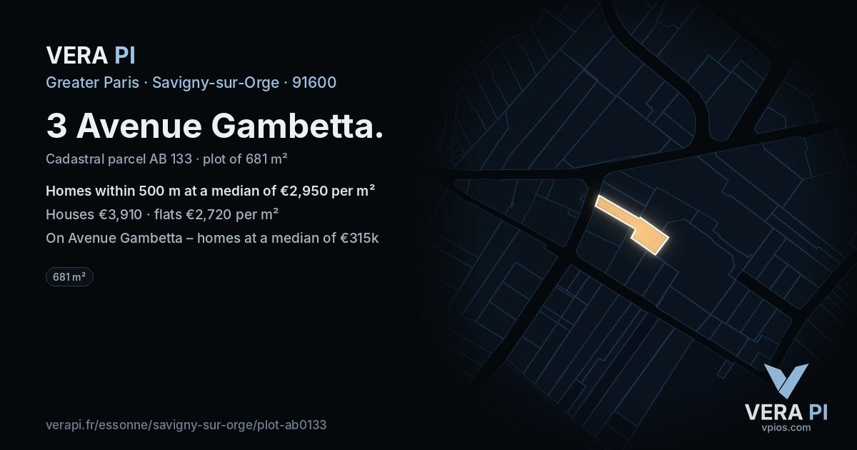 3 Avenue Gambetta, Savigny-sur-Orge at night – the plot lit, the parcels around coloured by the prices near them