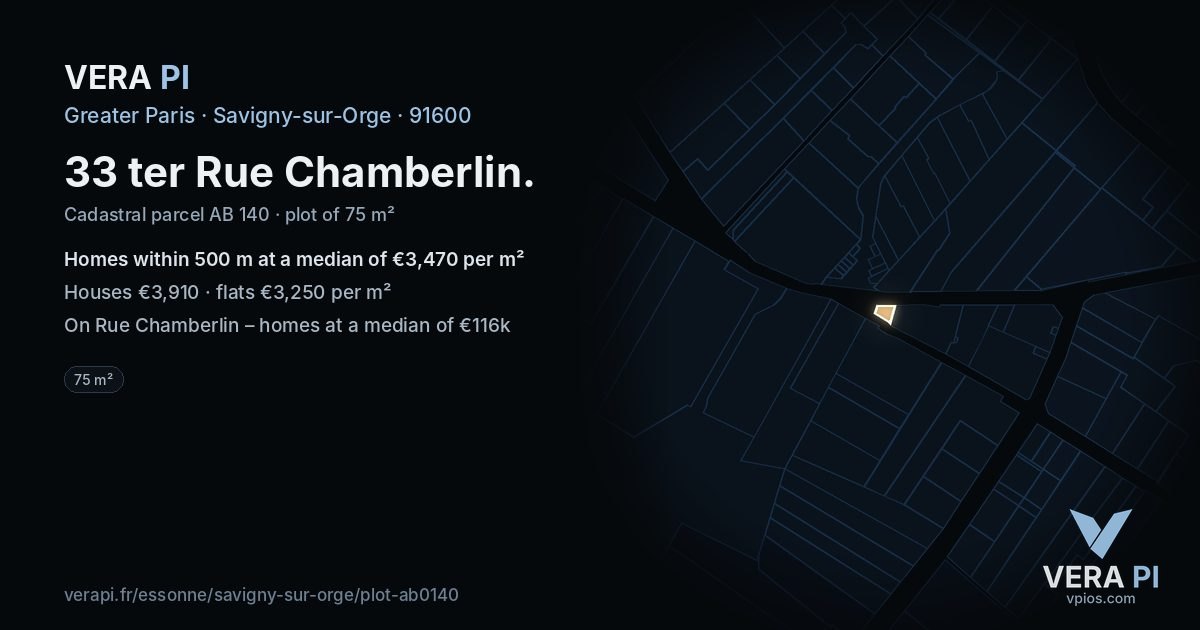 33 ter Rue Chamberlin, Savigny-sur-Orge at night – the plot lit, the parcels around coloured by the prices near them