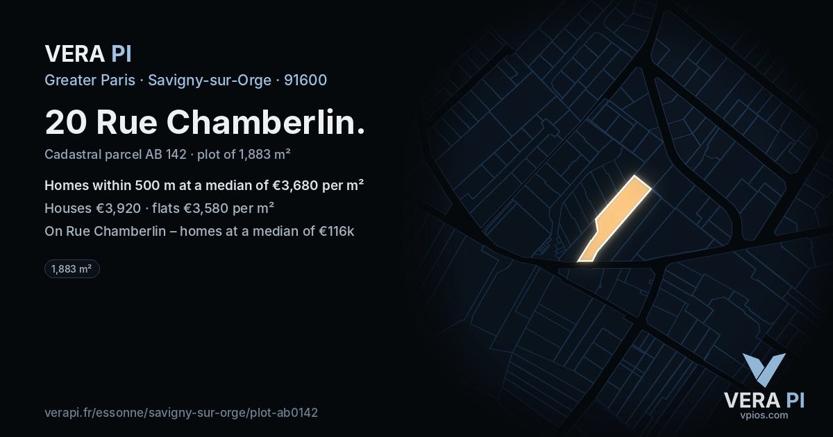 20 Rue Chamberlin, Savigny-sur-Orge at night – the plot lit, the parcels around coloured by the prices near them