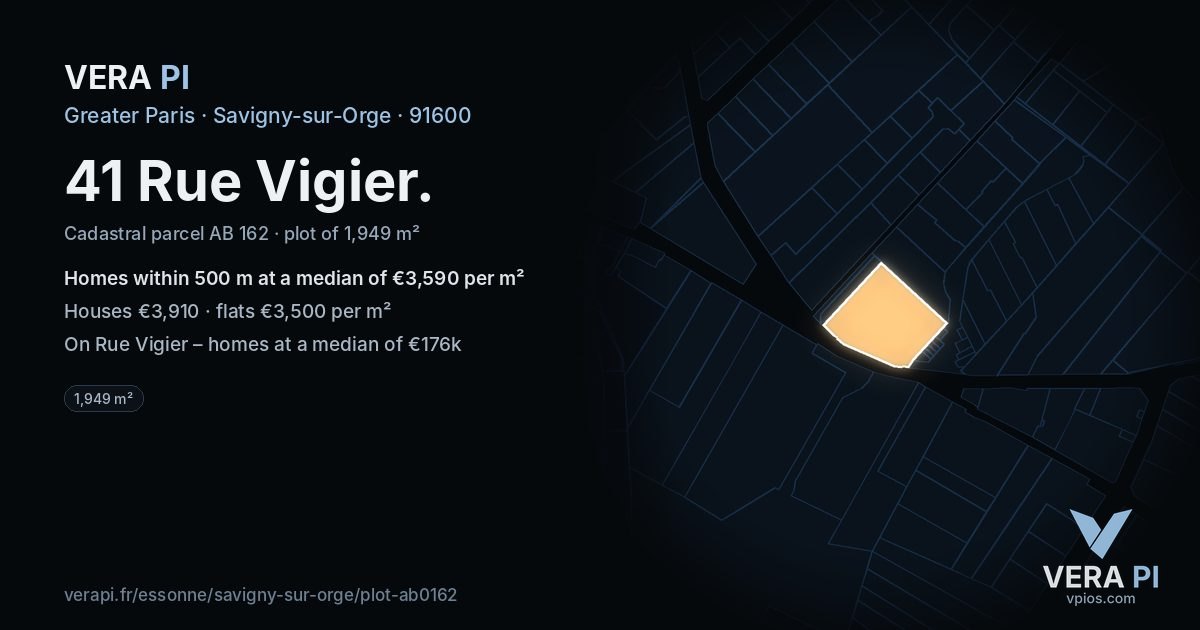 41 Rue Vigier, Savigny-sur-Orge at night – the plot lit, the parcels around coloured by the prices near them