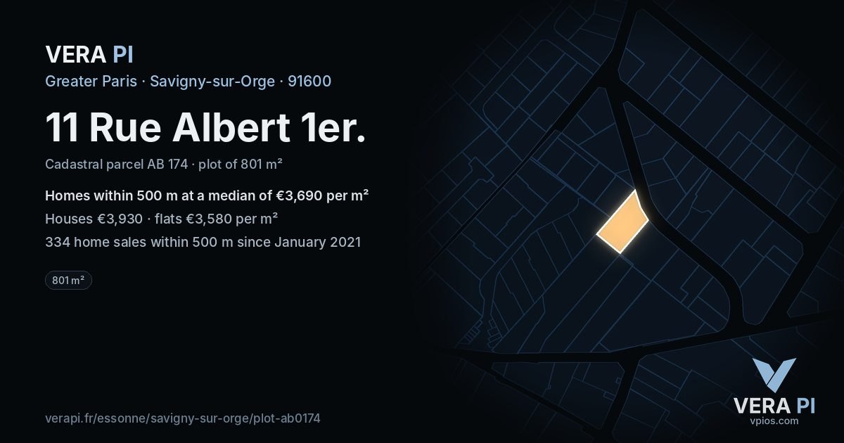 11 Rue Albert 1er, Savigny-sur-Orge at night – the plot lit, the parcels around coloured by the prices near them
