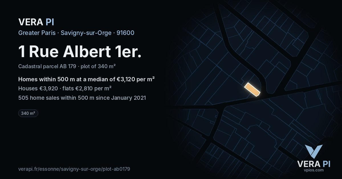 1 Rue Albert 1er, Savigny-sur-Orge at night – the plot lit, the parcels around coloured by the prices near them