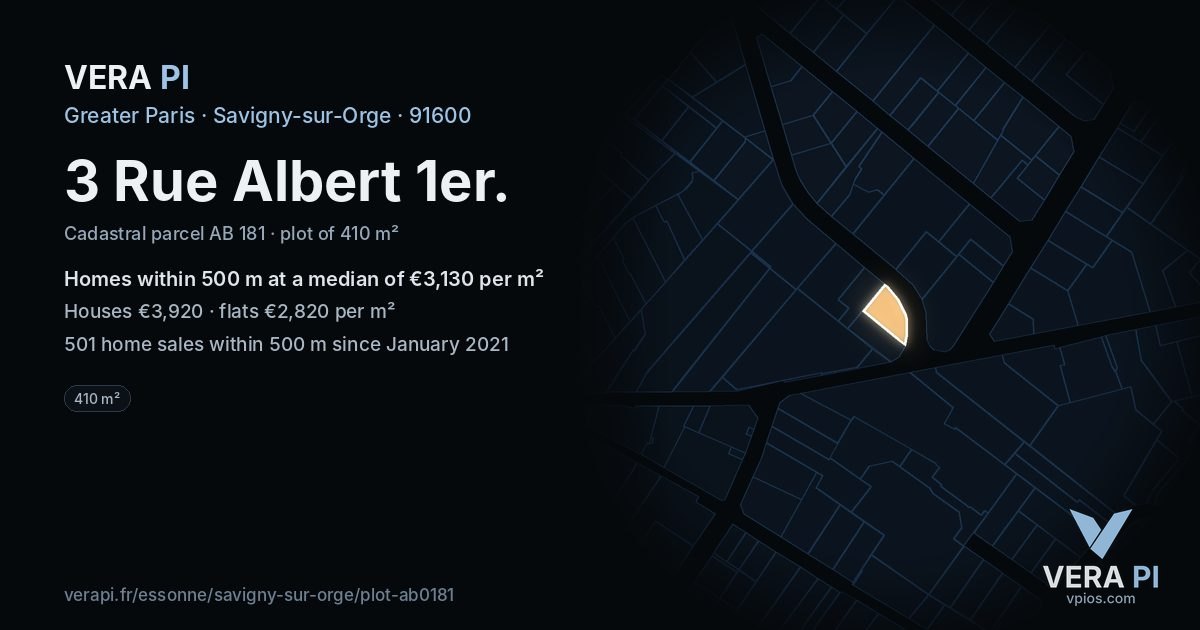 3 Rue Albert 1er, Savigny-sur-Orge at night – the plot lit, the parcels around coloured by the prices near them