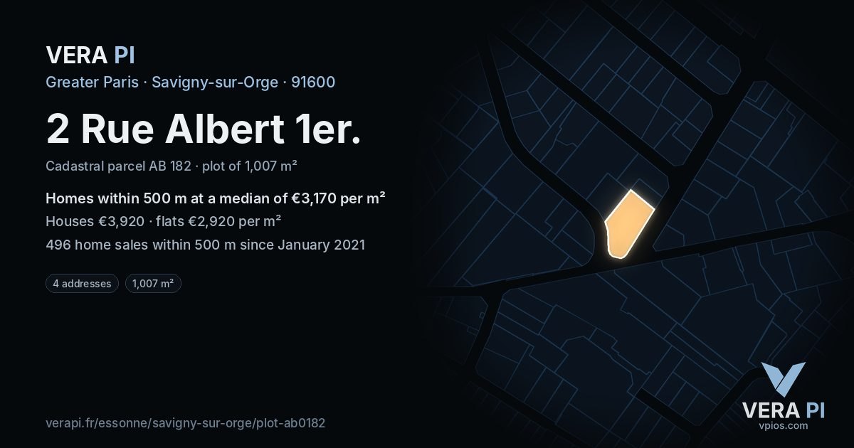 2 Rue Albert 1er, Savigny-sur-Orge at night – the plot lit, the parcels around coloured by the prices near them