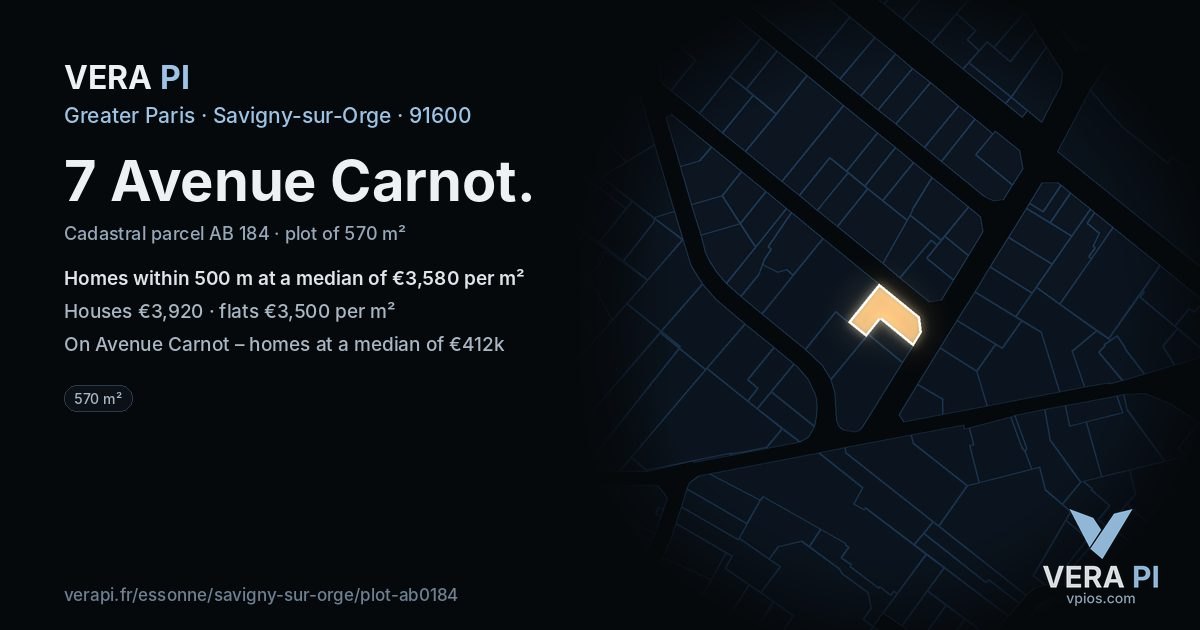 7 Avenue Carnot, Savigny-sur-Orge at night – the plot lit, the parcels around coloured by the prices near them