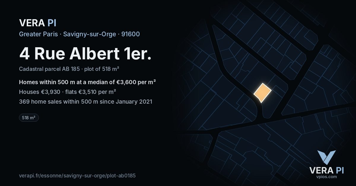 4 Rue Albert 1er, Savigny-sur-Orge at night – the plot lit, the parcels around coloured by the prices near them