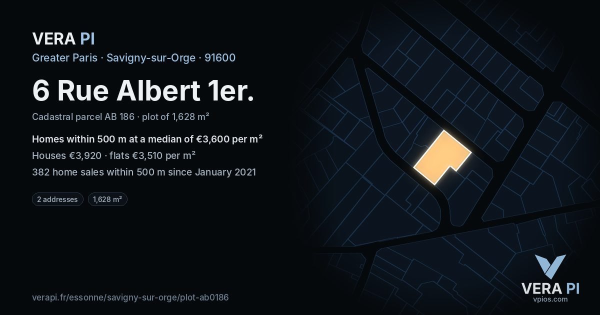 6 Rue Albert 1er, Savigny-sur-Orge at night – the plot lit, the parcels around coloured by the prices near them