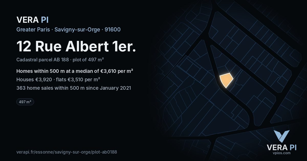 12 Rue Albert 1er, Savigny-sur-Orge at night – the plot lit, the parcels around coloured by the prices near them