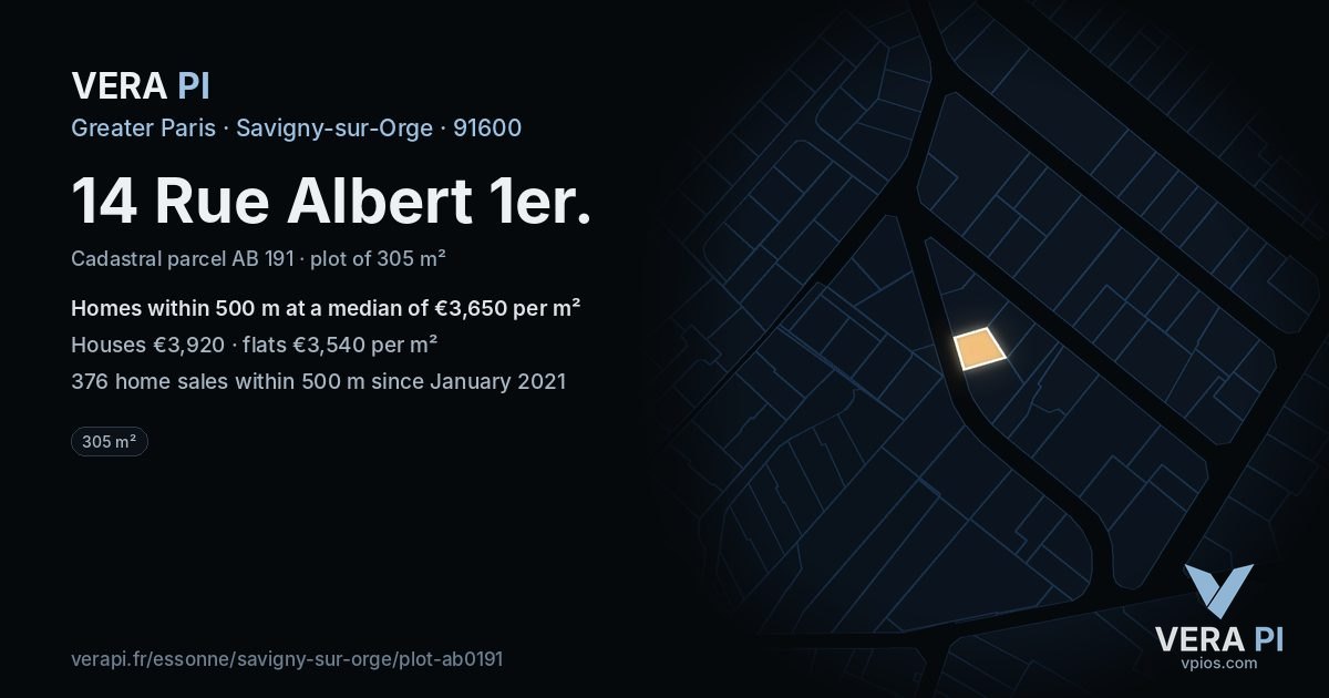 14 Rue Albert 1er, Savigny-sur-Orge at night – the plot lit, the parcels around coloured by the prices near them
