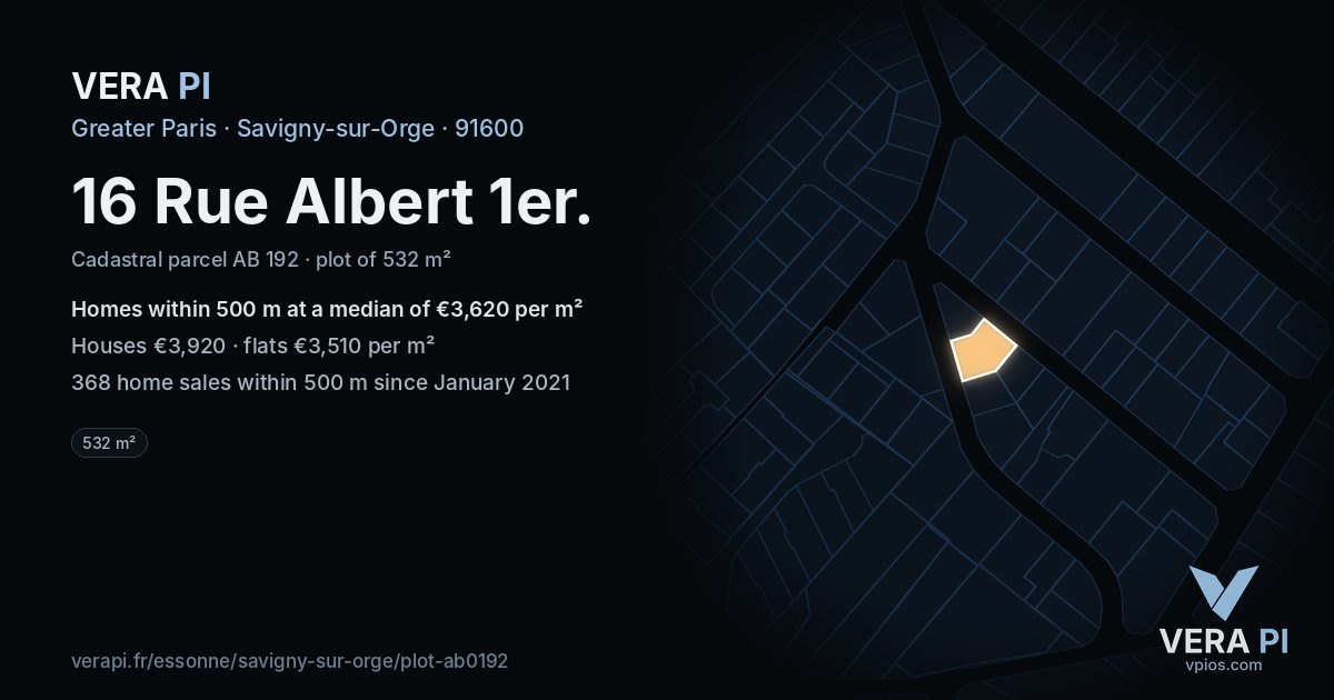16 Rue Albert 1er, Savigny-sur-Orge at night – the plot lit, the parcels around coloured by the prices near them