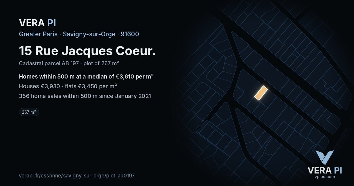 15 Rue Jacques Coeur, Savigny-sur-Orge at night – the plot lit, the parcels around coloured by the prices near them